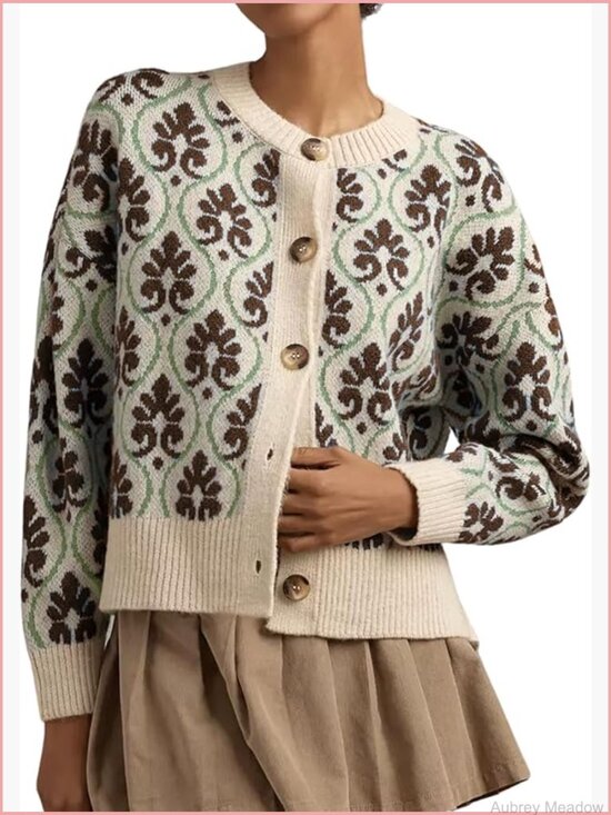 Sweaters - Womens Floral Cardigan Sweater Open Front Button Down Knit Long Sleeve